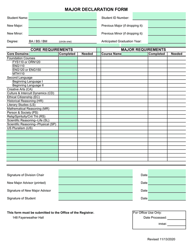 MAJOR DECLARATION FORM screenshot