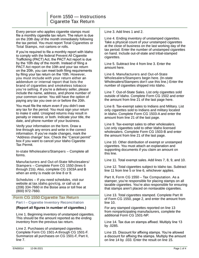 Form 1550  Cigarette Tax Return screenshot