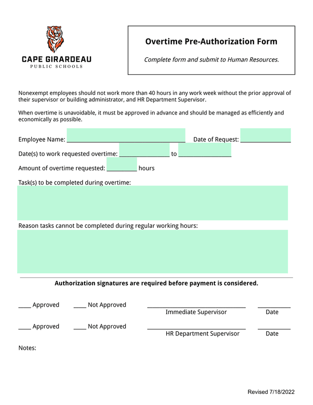 Overtime Pre Authorization Form screenshot