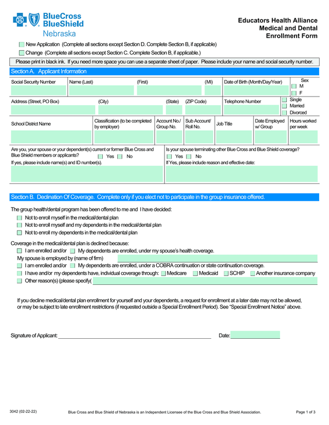 Educators Health Alliance Medical And Dental Enrollment Form screenshot