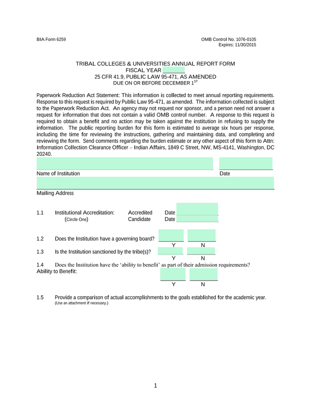 BIA Form 6259   Tribal Colleges  Universities Annual Report Form screenshot