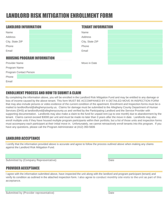 LANDLORD RISK MITIGATION ENROLLMENT FORM screenshot