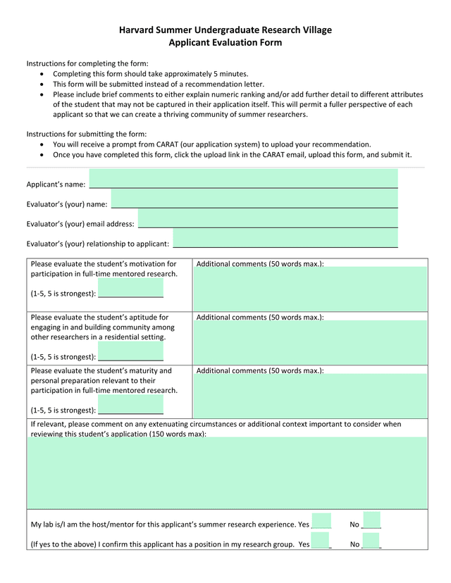 Harvard Summer Undergraduate Research Village Applicant Evaluation Form screenshot
