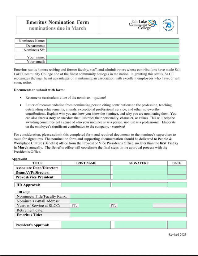 Emeritus Nomination Form screenshot