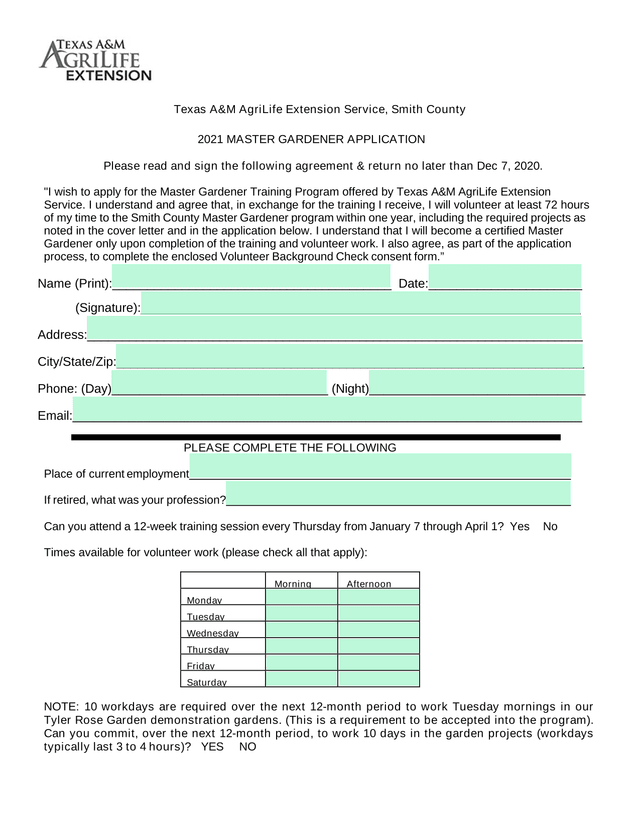 2021 MASTER GARDENER APPLICATION screenshot