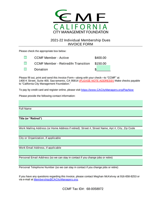 2021 22 Individual Membership Dues INVOICE FORM screenshot