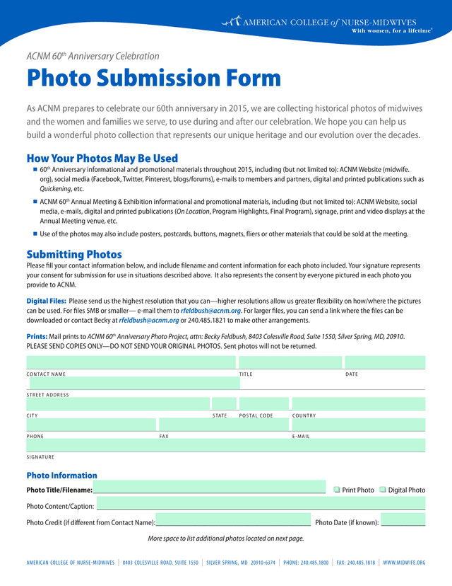 ACNM 60th Anniversary Photo Release Form screenshot