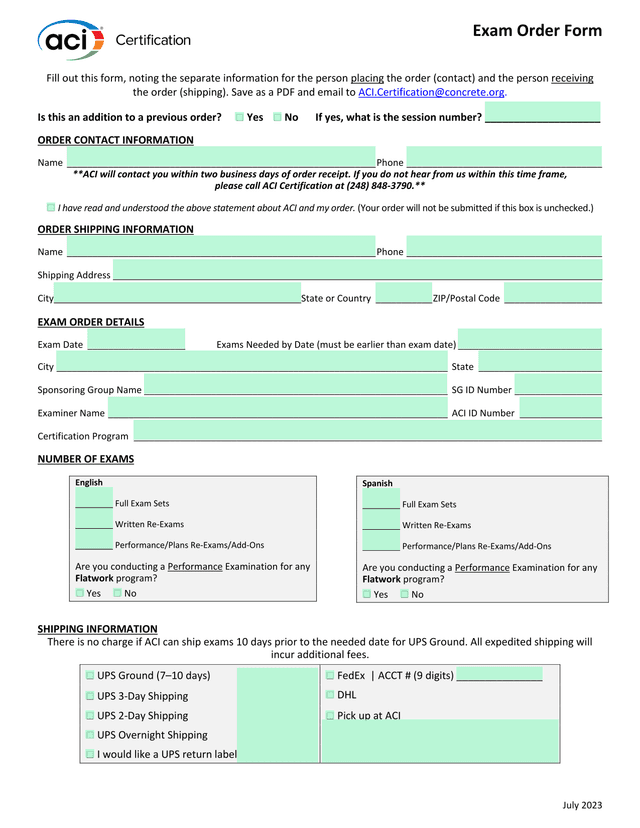 Exam Order Form screenshot