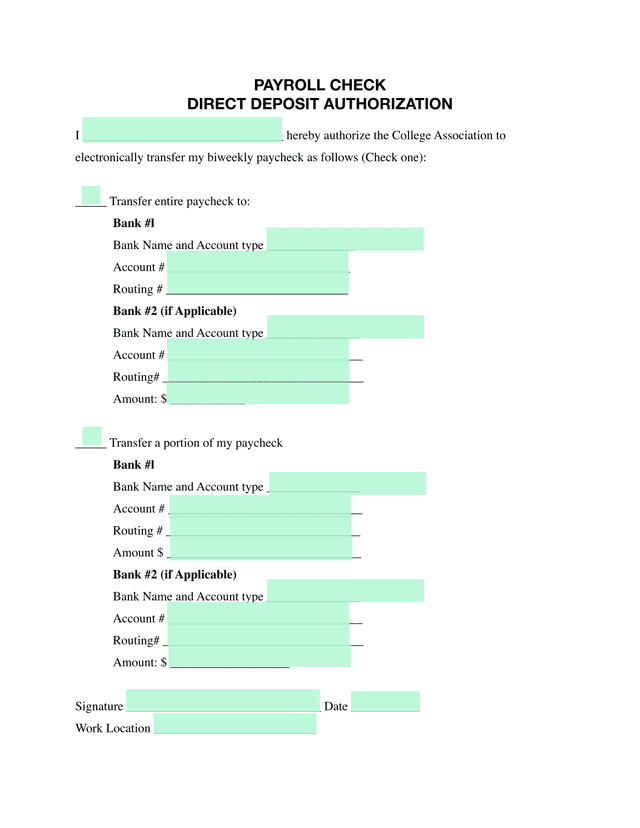 Payroll Check Direct Deposit Authorization screenshot