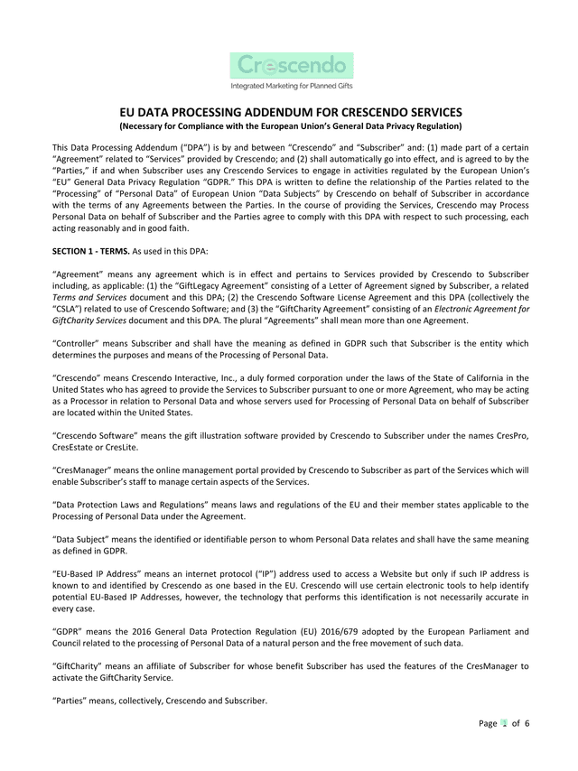 EU Data Processing Addendum For Crescendo Services screenshot