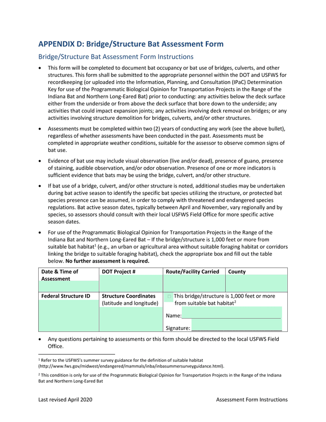 BridgeStructure Bat Assessment Form screenshot