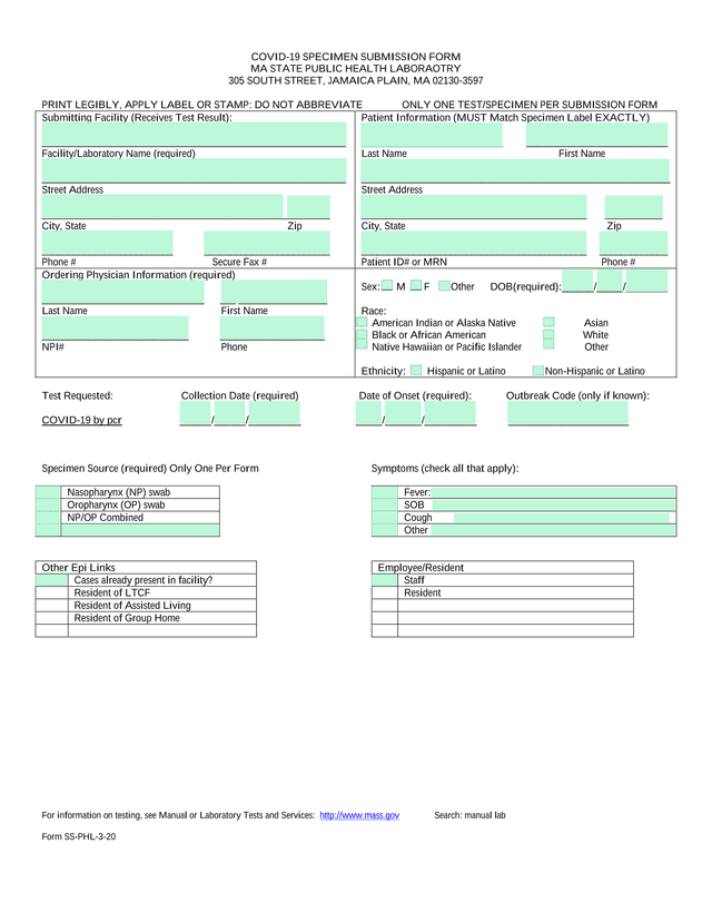 COVID 19 SPECIMEN SUBMISSION FORM screenshot