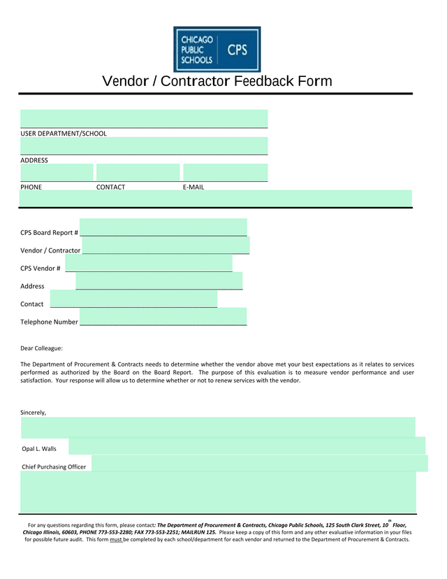 Vendor  Contractor Feedback Form screenshot