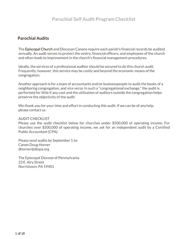 Parochial Self Audit Program Checklist screenshot