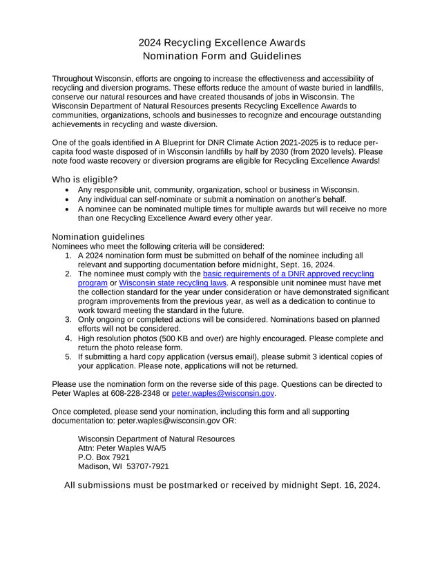 2024 Recycling Excellence Awards Nomination Form And Guidelines screenshot