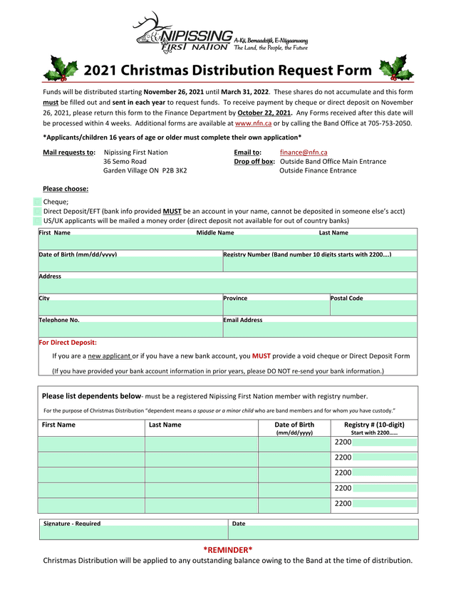 2021 Christmas Distribution Request Form screenshot