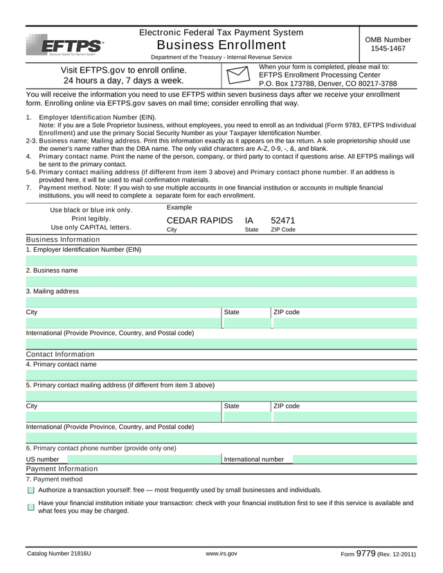 Form 9779 (Electronic Federal Tax Payment System Business Enrollment) screenshot