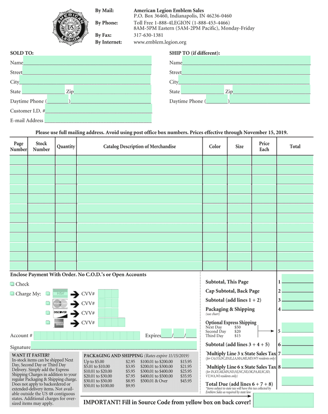 American Legion Emblem Sales Order Form screenshot