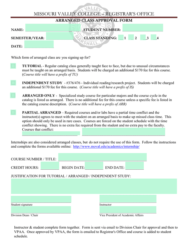Missouri Valley College Arranged Class Approval Form screenshot
