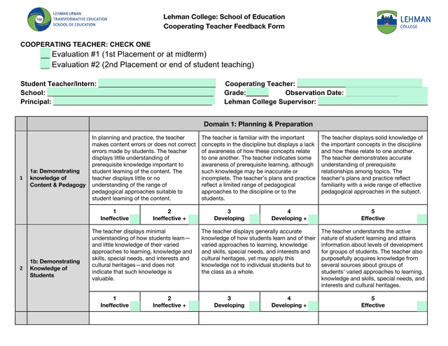 Cooperating Teacher Feedback Form screenshot