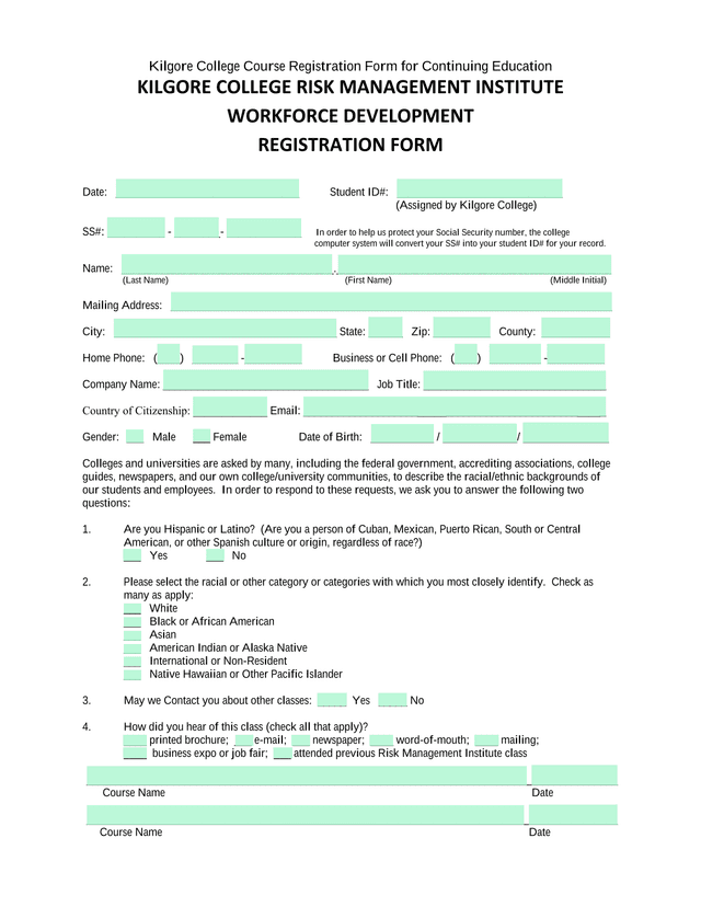 Kilgore College Course Registration Form For Continuing Education screenshot