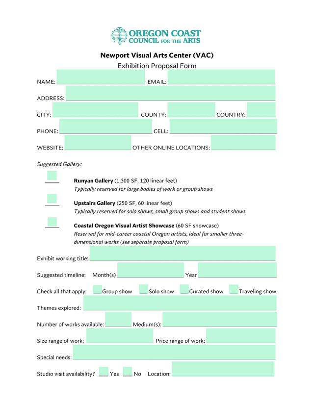 Newport Visual Arts Center (VAC) Exhibition Proposal Form screenshot
