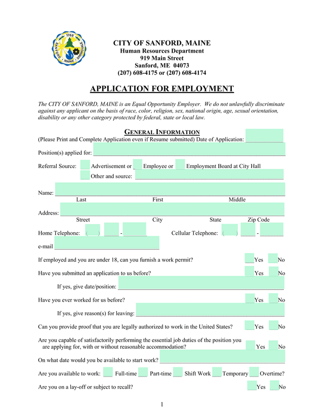 APPLICATION FOR EMPLOYMENT screenshot
