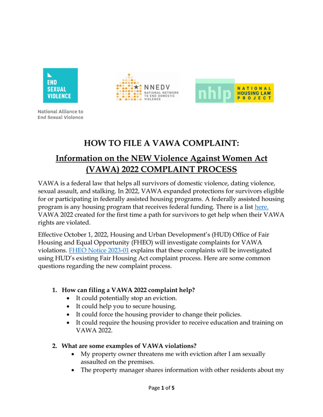 How To File A VAWA Complaint Information On The NEW Violence Against Women Act (VAWA) 2022 Complaint screenshot