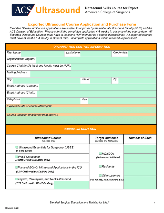 Exported Ultrasound Course Application And Purchase Form screenshot
