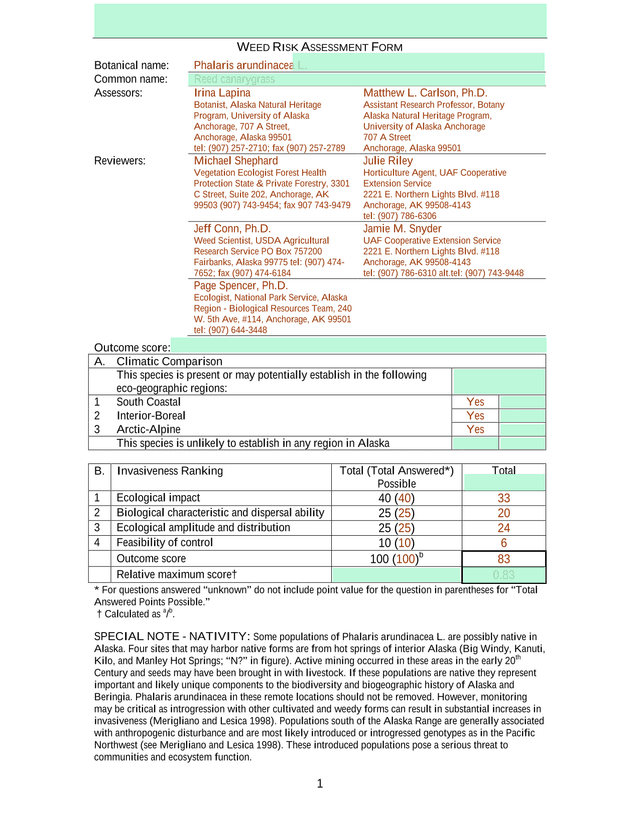Weed Risk Assessment Form screenshot