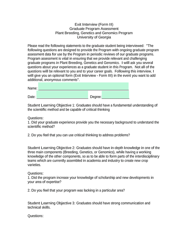 Exit Interview (Form II) Graduate Program Assessment screenshot