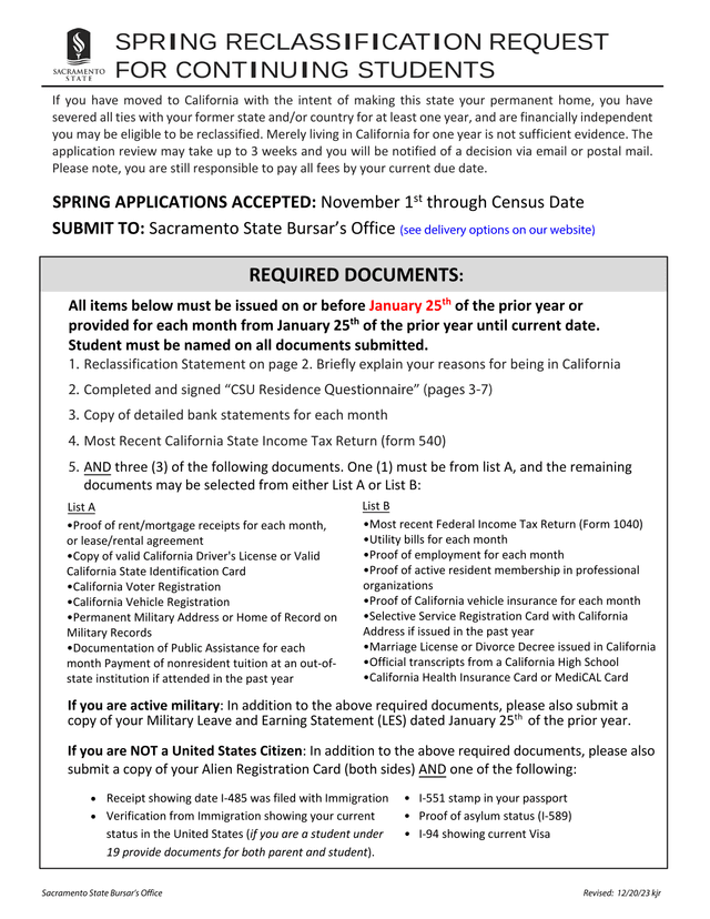 SPRING RECLASSIFICATION REQUEST FOR CONTINUING STUDENTS screenshot