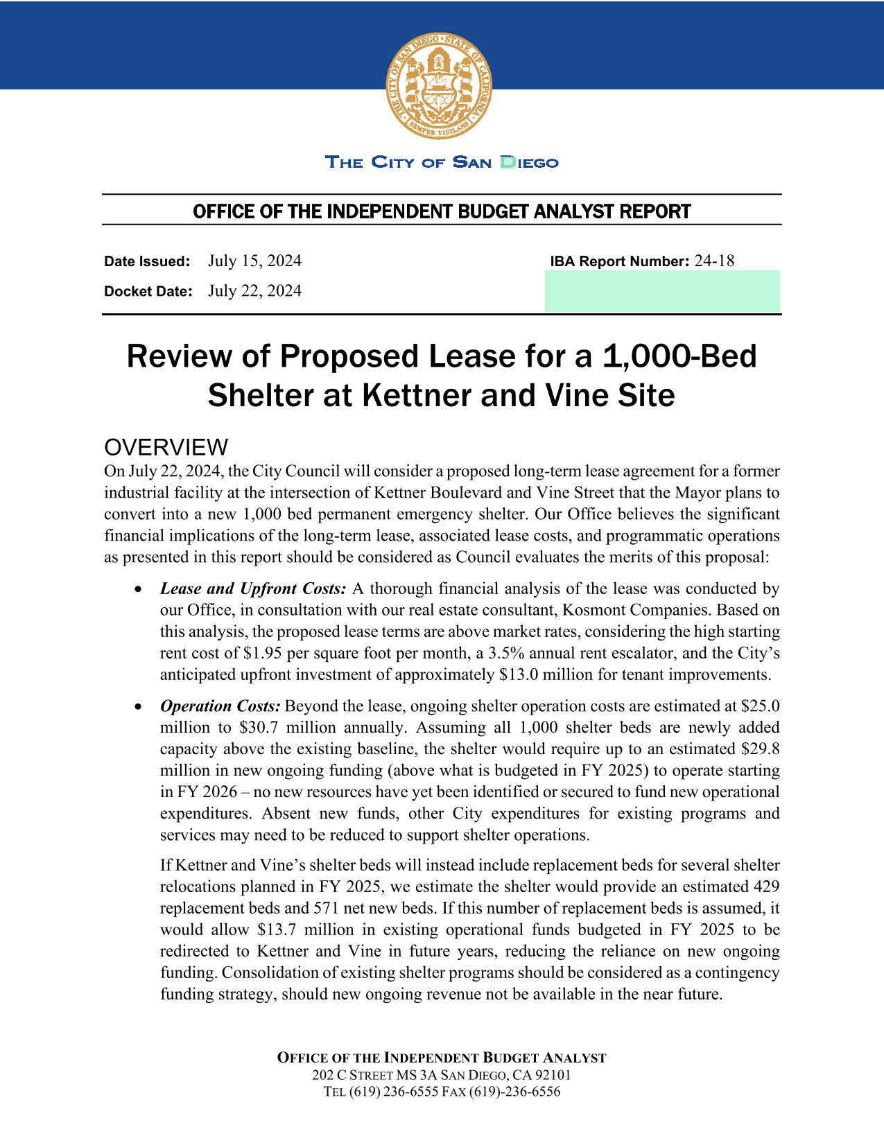 Review Of Proposed Lease For A 1,000 Bed Shelter At Kettner And Vine Site screenshot