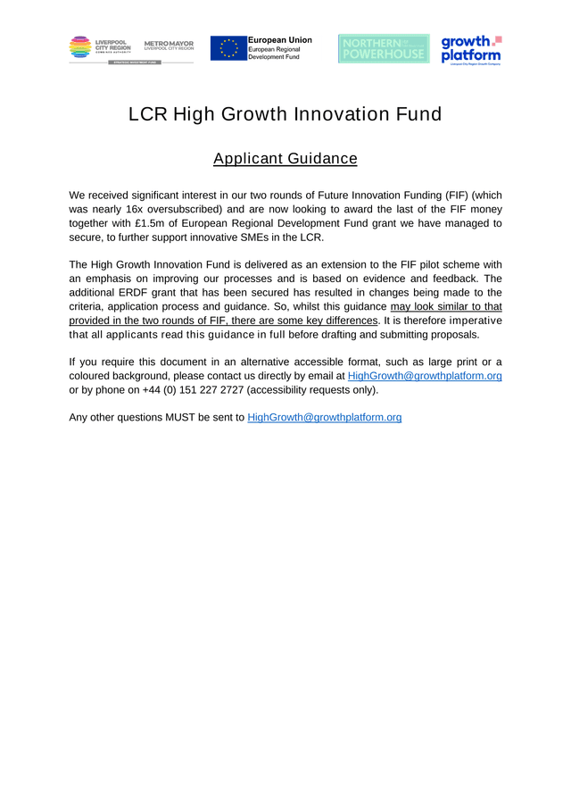 LCR High Growth Innovation Fund Applicant Guidance screenshot