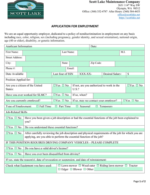 APPLICATION FOR EMPLOYMENT screenshot