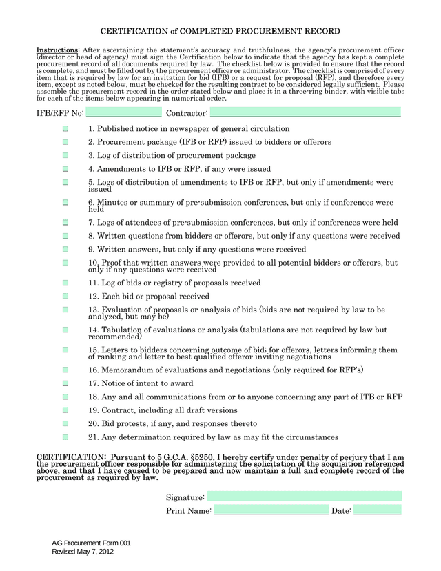 Certification Of Completed Procurement Record screenshot