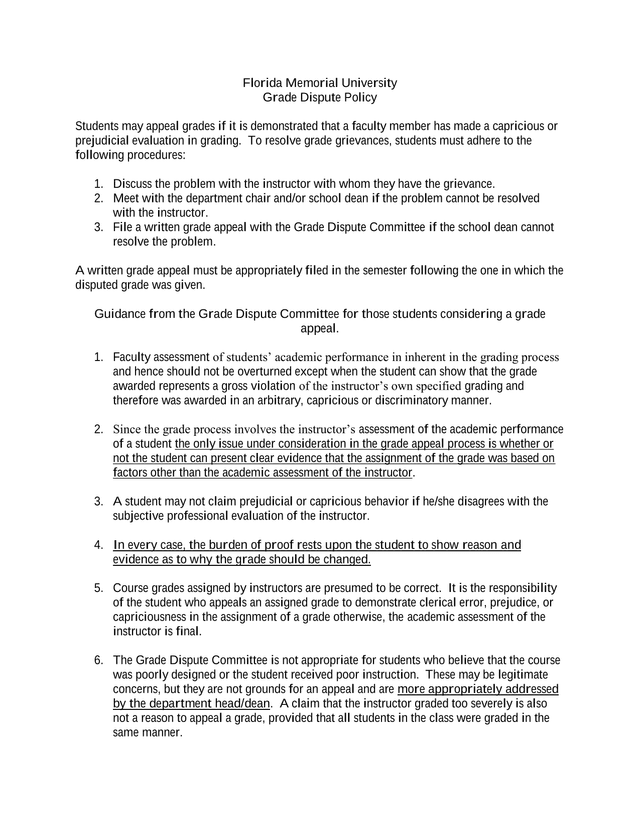 Florida Memorial University Grade Dispute Policy screenshot