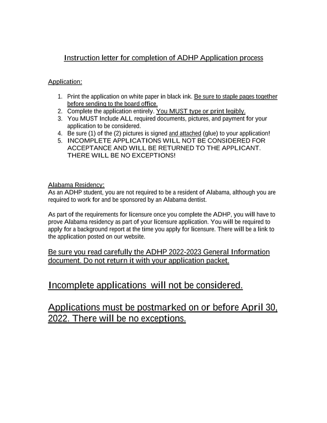 Instruction Letter For Completion Of ADHP Application Process screenshot