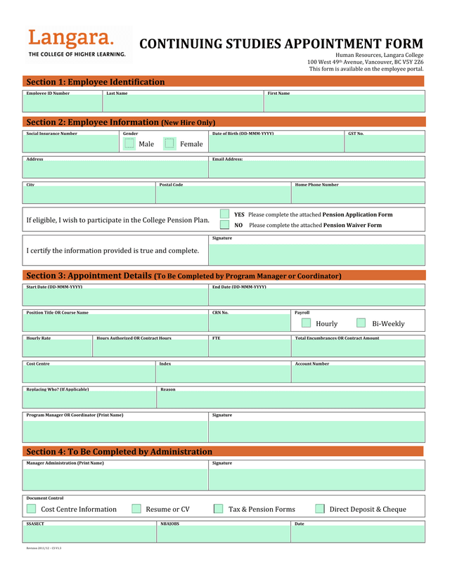 Continuing Studies Appointment Form screenshot