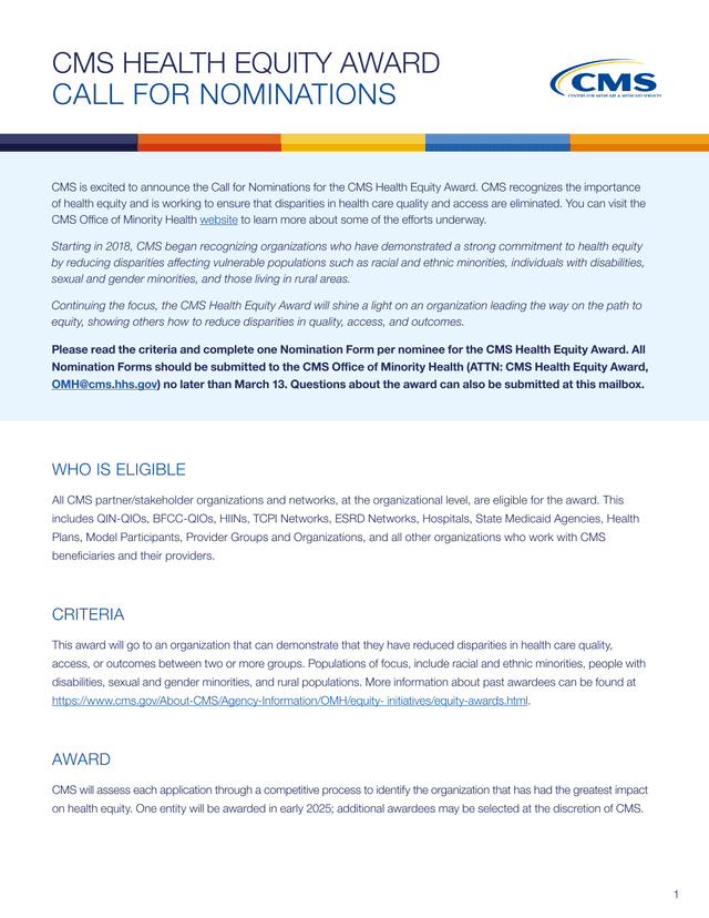 CMS Health Equity Award Call For Nominations screenshot