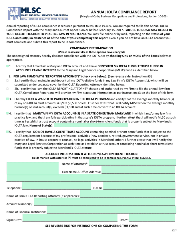 Annual IOLTA Compliance Report screenshot