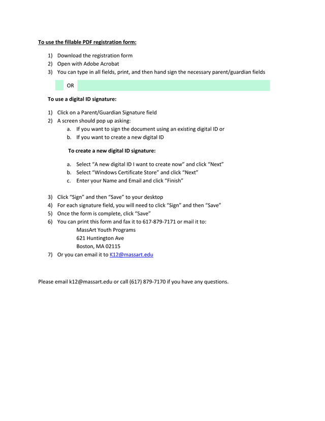MassArt Youth Programs Registration Form screenshot