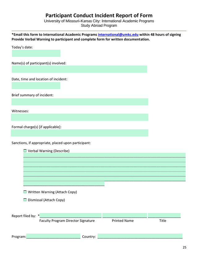 Participant Conduct Incident Report Of Form screenshot