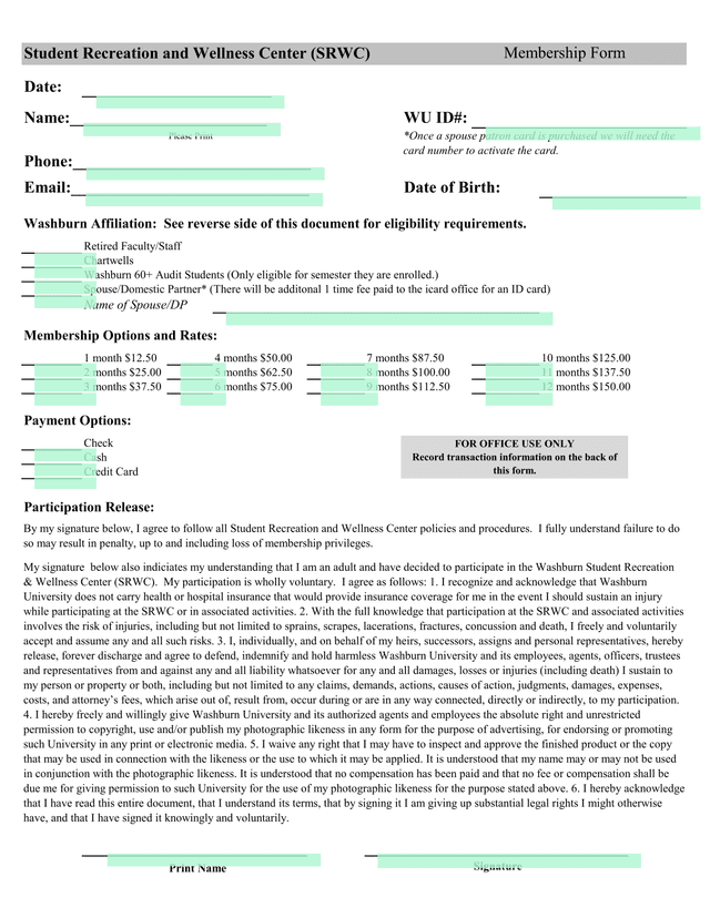Student Recreation And Wellness Center (SRWC) Membership Form screenshot