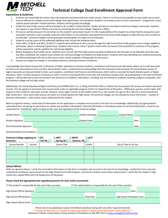 Technical College Dual Enrollment Approval Form screenshot
