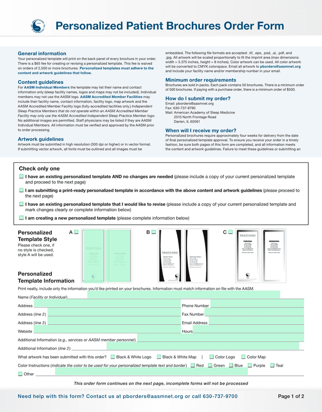 Personalized Patient Brochures Order Form screenshot