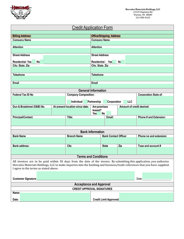 Credit Application Form screenshot
