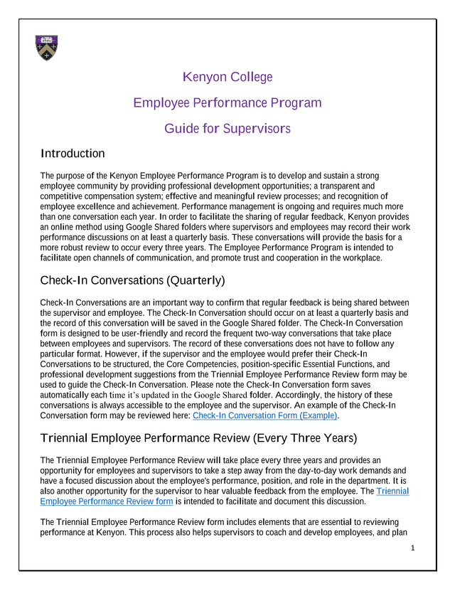 Kenyon College Employee Performance Program Guide For Supervisors screenshot