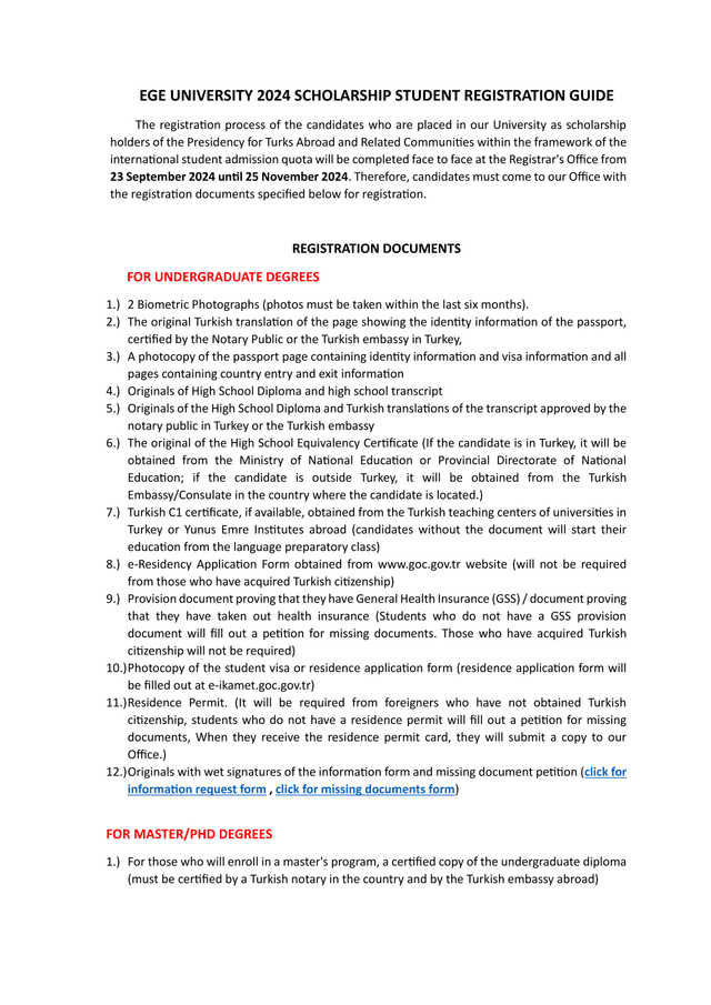 EGE UNIVERSITY 2024 SCHOLARSHIP STUDENT REGISTRATION GUIDE screenshot