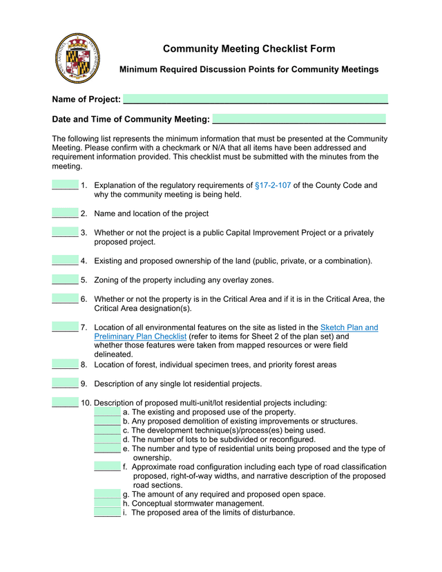 Community Meeting Checklist Form screenshot